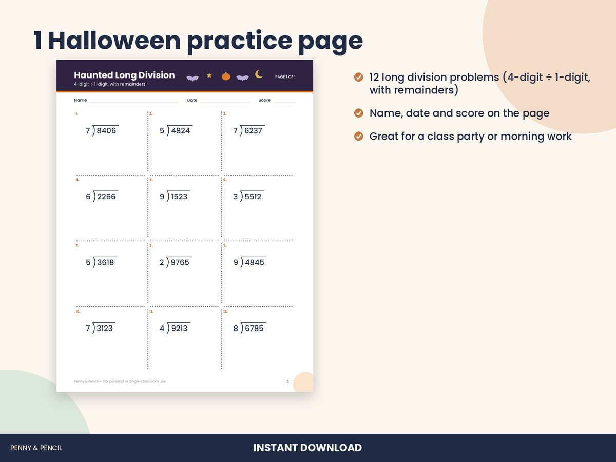 Halloween Long Division: Single Worksheet preview 2