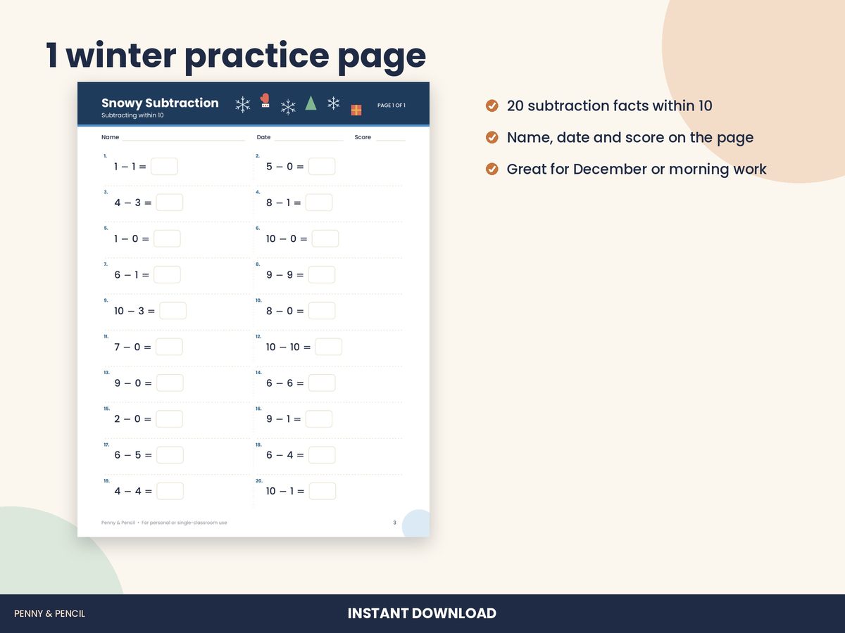 Winter Subtraction Within 10: Single Worksheet preview 2
