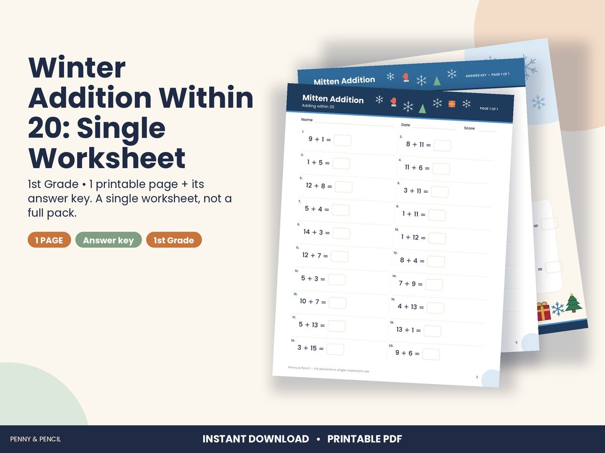 Winter Addition Within 20: Single Worksheet