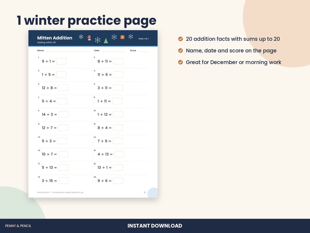 Winter Addition Within 20: Single Worksheet preview 2