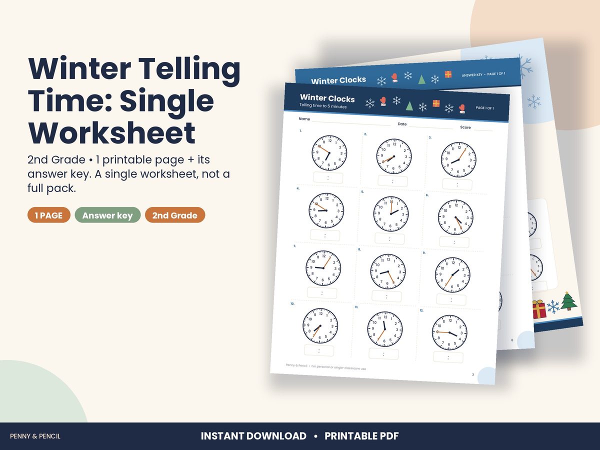 Winter Telling Time: Single Worksheet