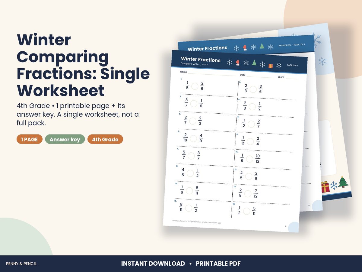 Winter Comparing Fractions: Single Worksheet