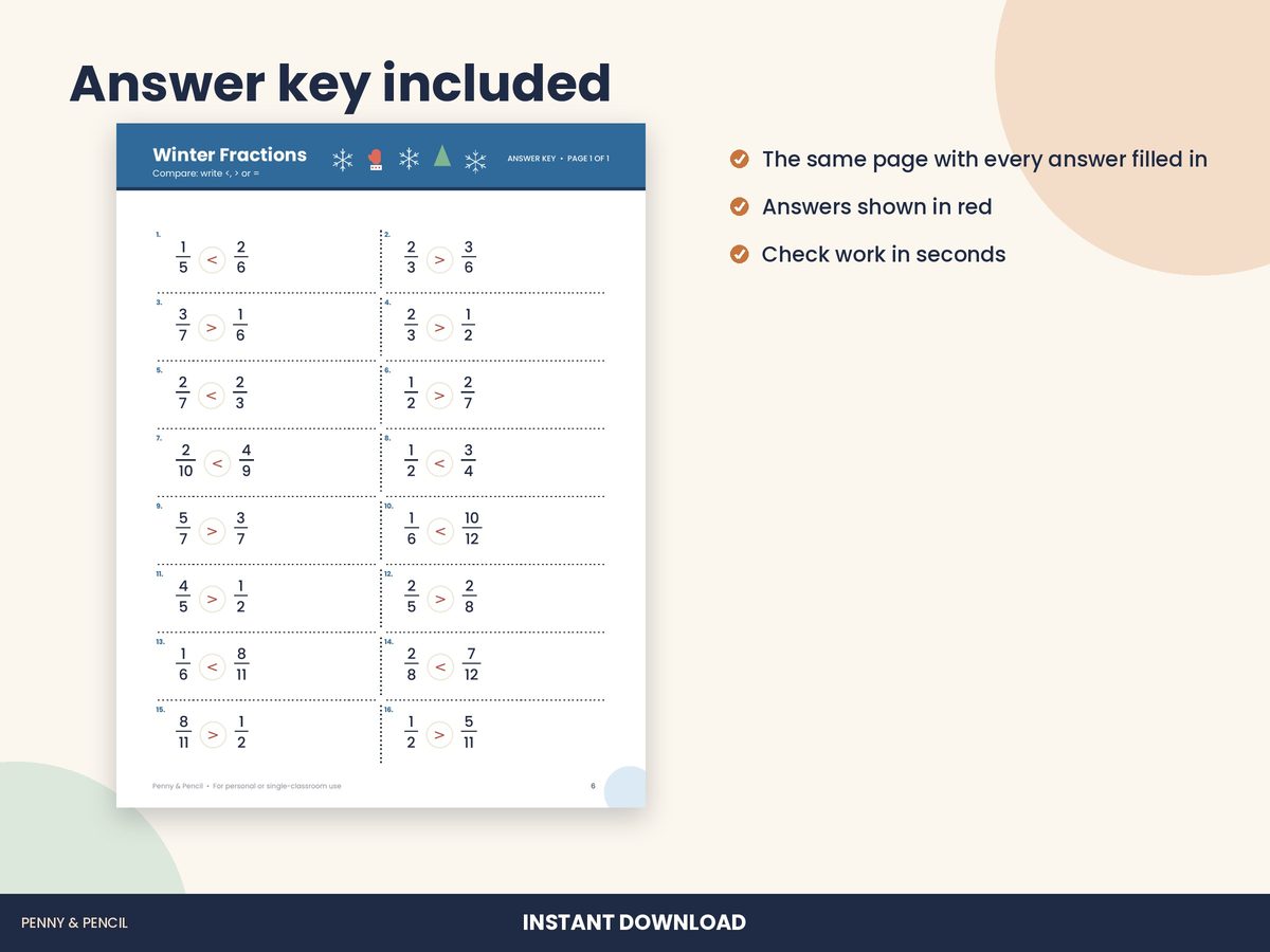 Winter Comparing Fractions: Single Worksheet preview 3