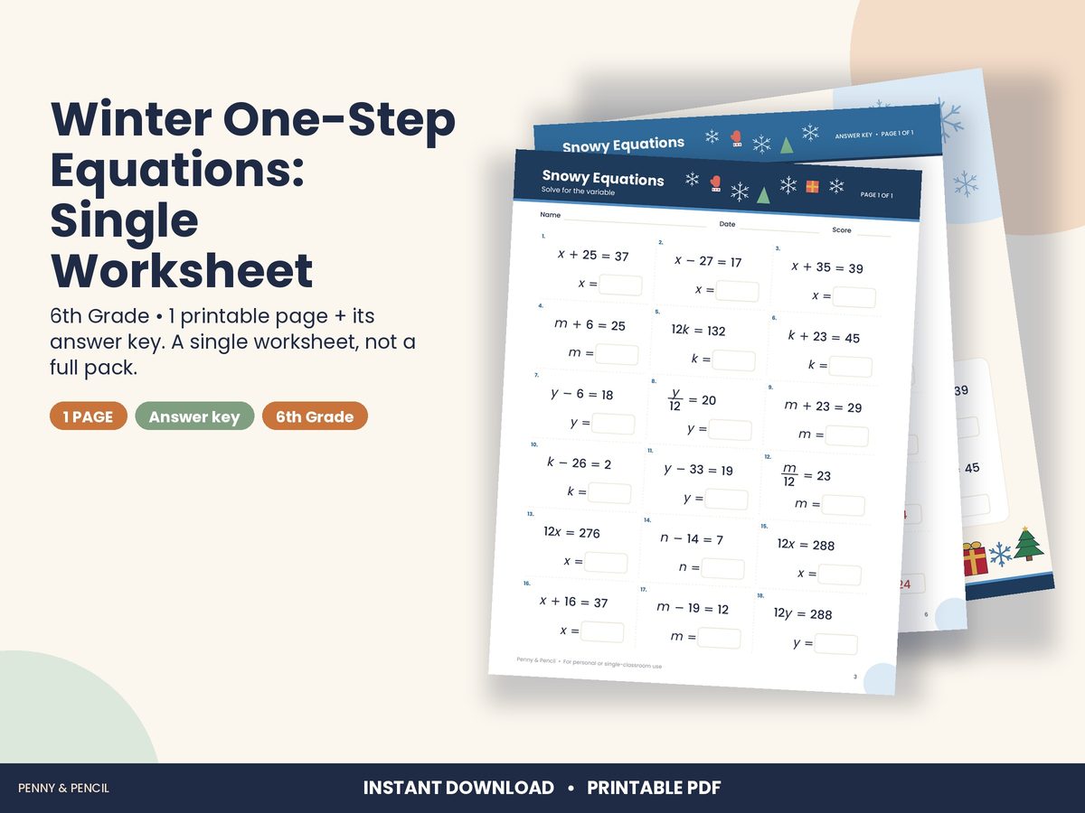 Winter One-Step Equations: Single Worksheet