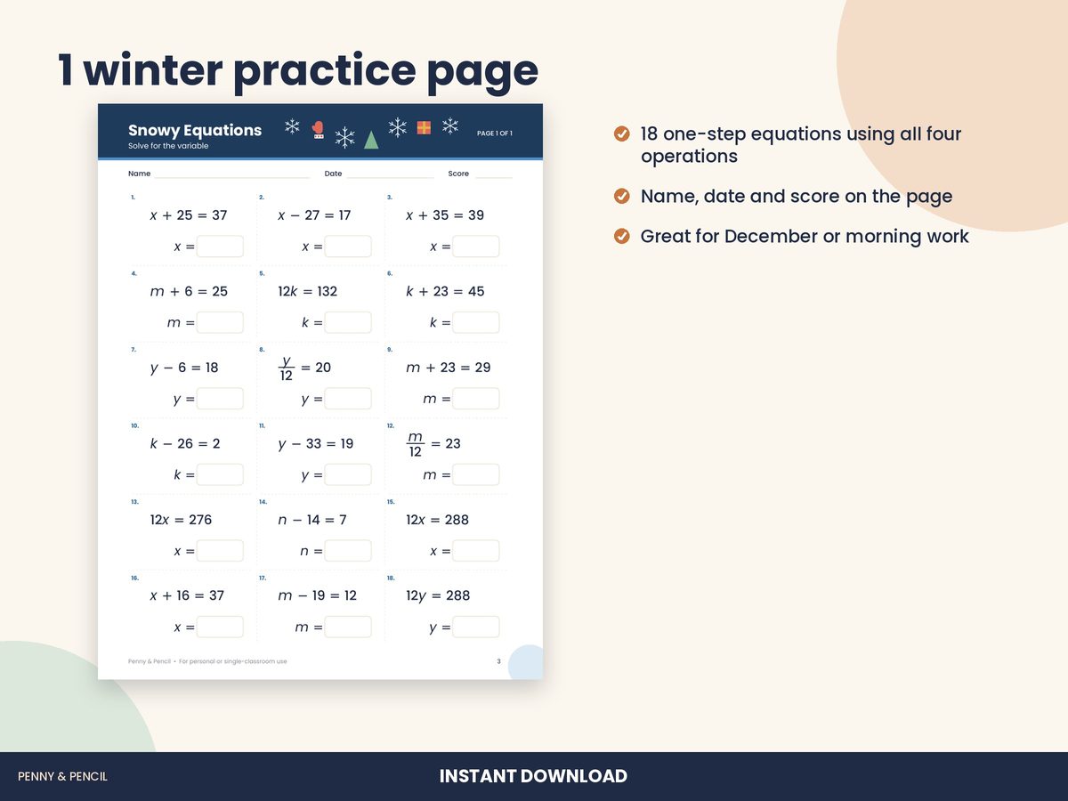 Winter One-Step Equations: Single Worksheet preview 2