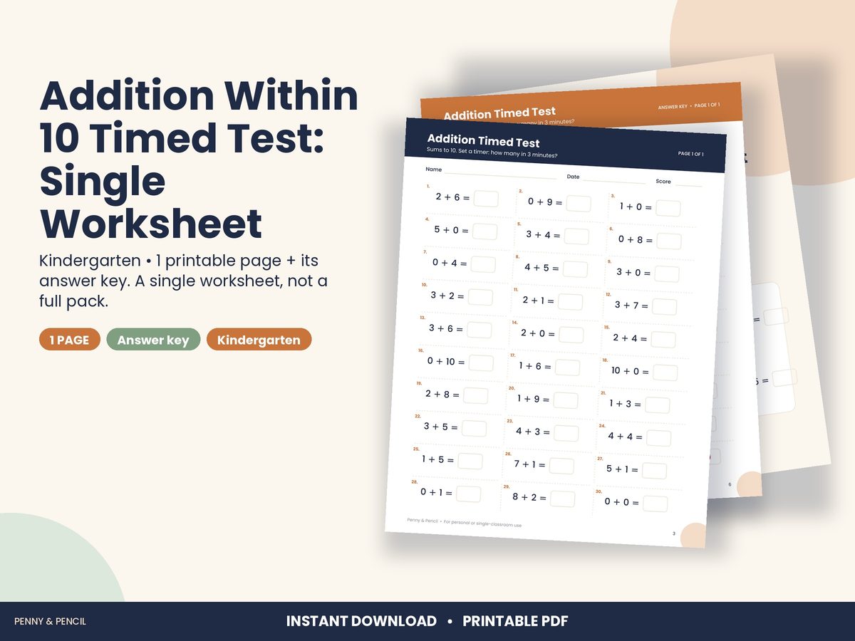 Addition Within 10 Timed Test: Single Worksheet