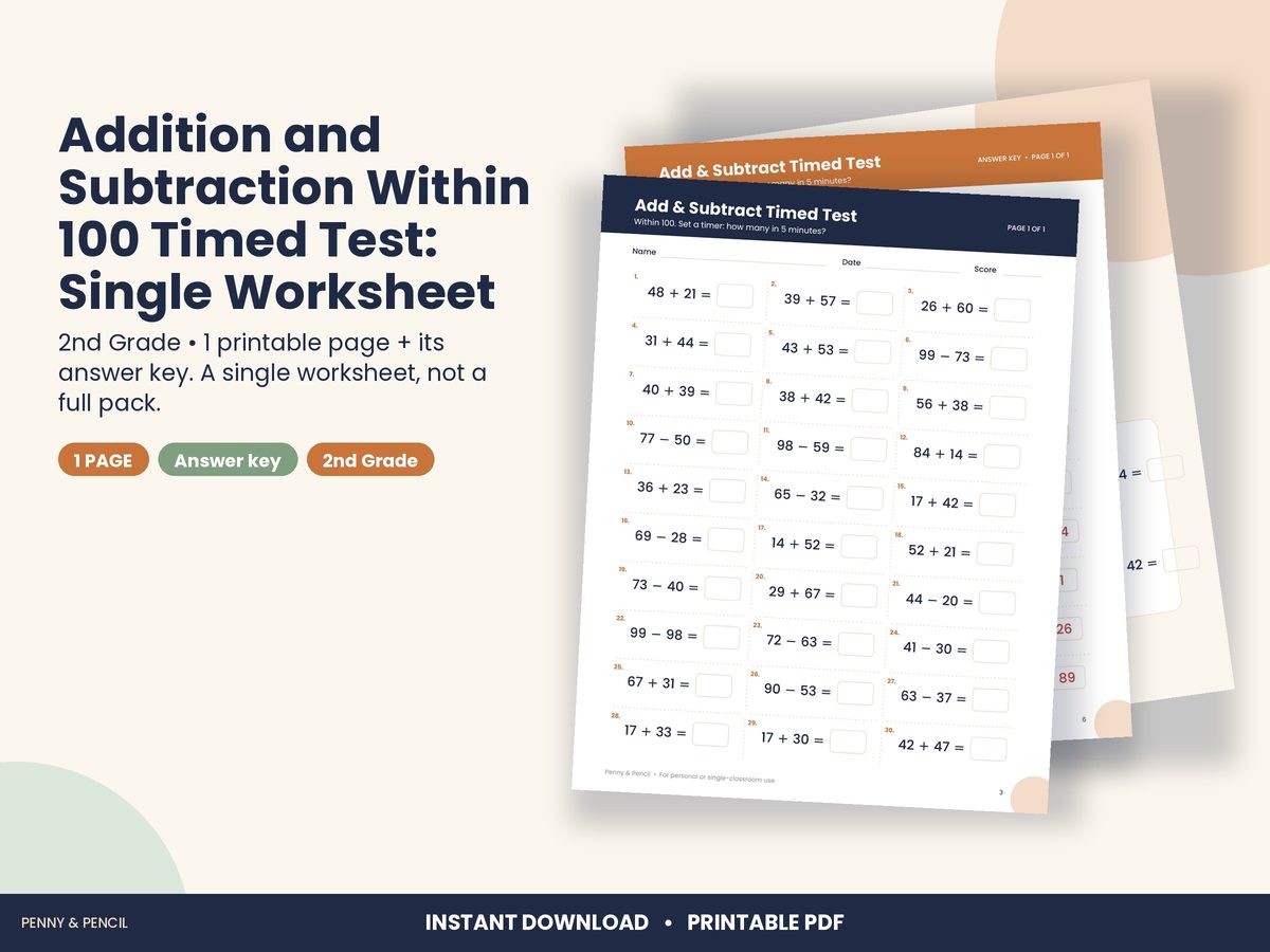 Addition and Subtraction Within 100 Timed Test: Single Worksheet