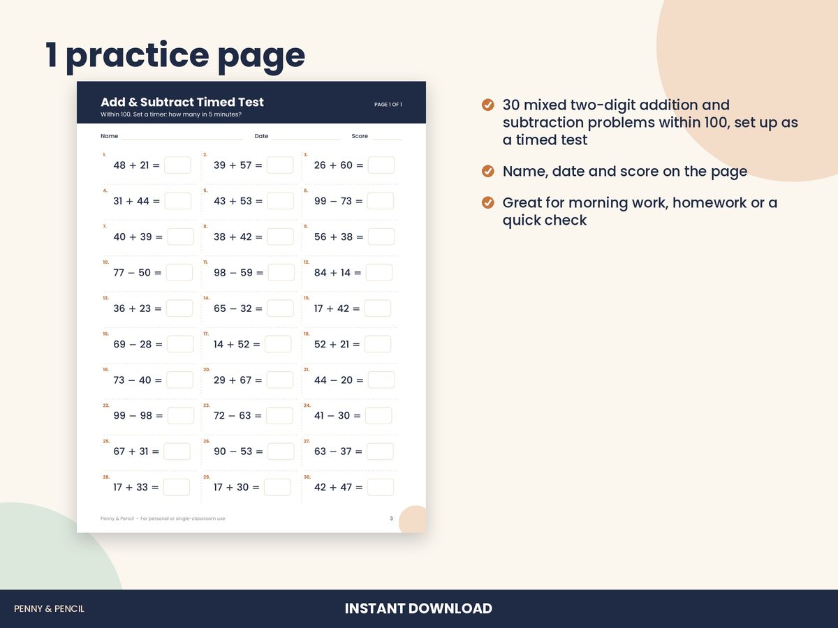 Addition and Subtraction Within 100 Timed Test: Single Worksheet preview 2