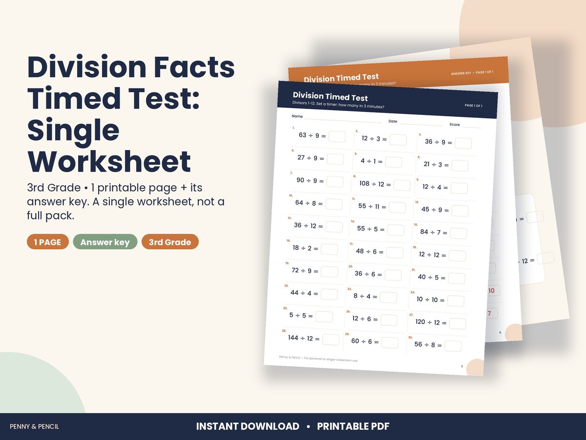 Division Facts Timed Test: Single Worksheet
