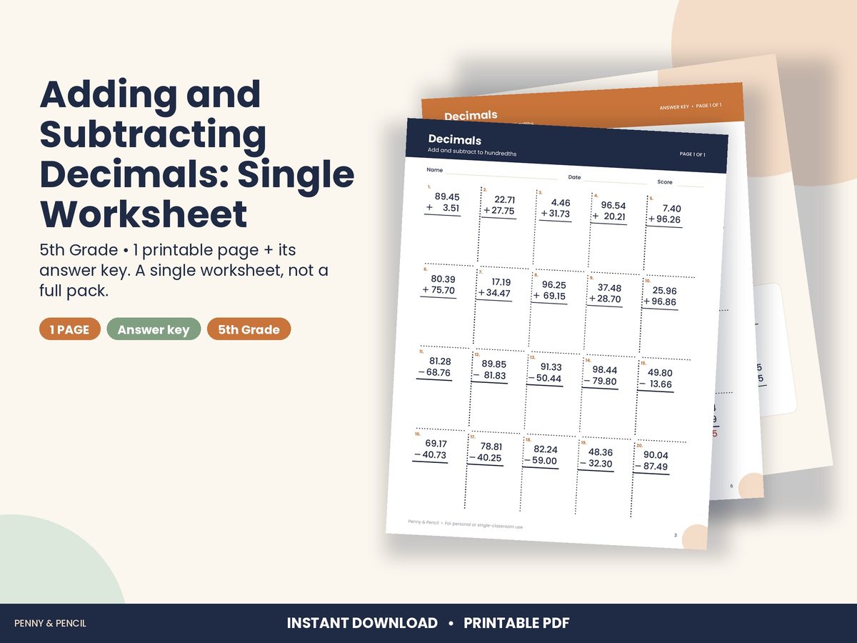 Adding and Subtracting Decimals: Single Worksheet