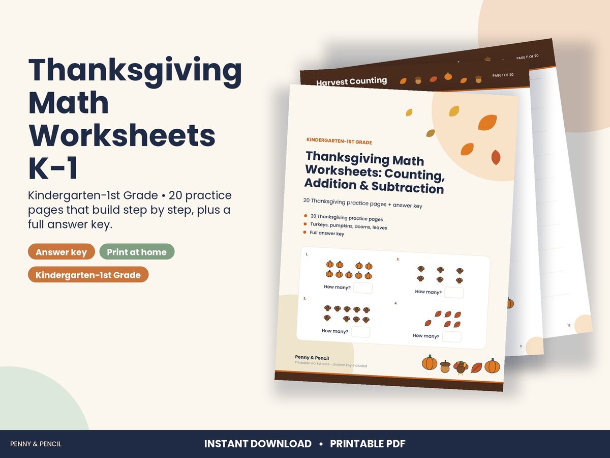Thanksgiving Math Worksheets K-1 preview 1