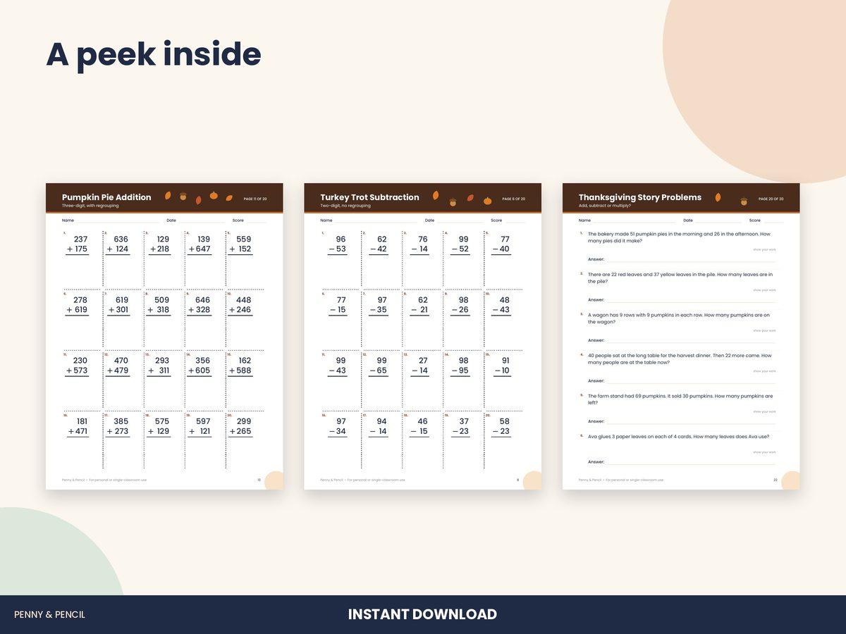 Thanksgiving Math Worksheets 2nd-3rd preview 4