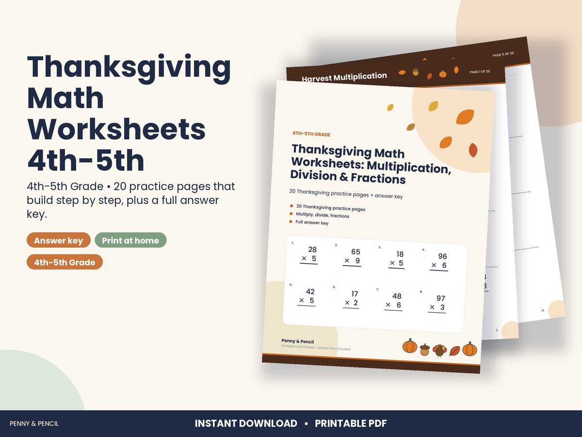 Thanksgiving Math Worksheets 4th-5th preview 1
